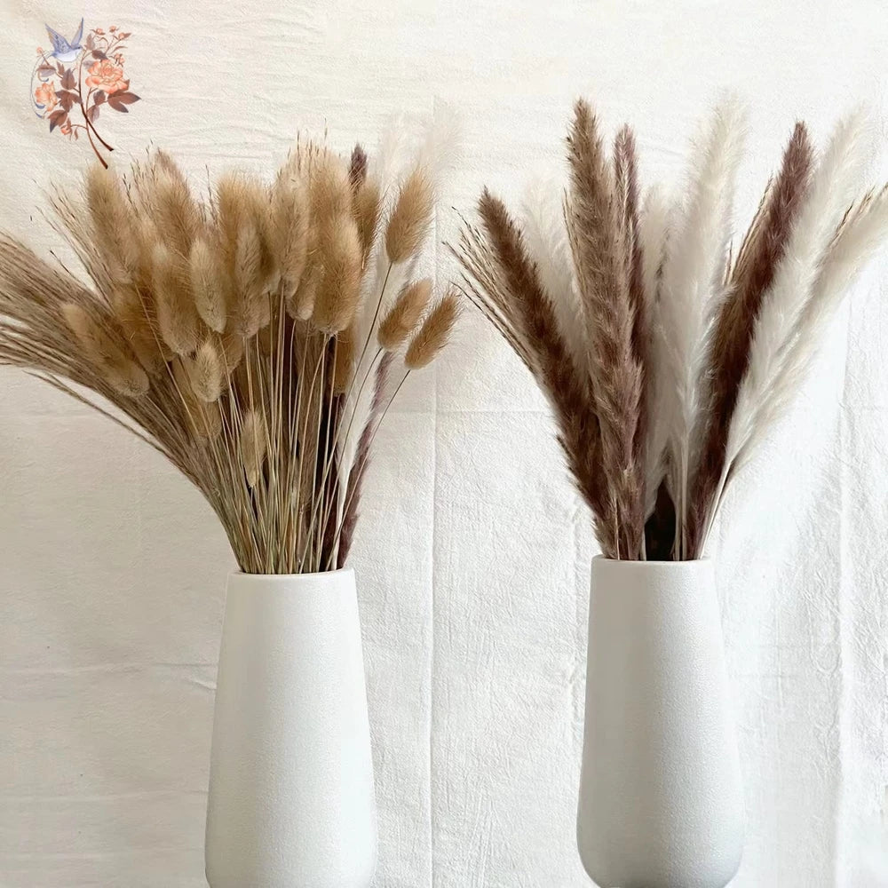 Pampas buket stylet i keramikvaser — tørrede blomster i roligt rum, Bo Studio