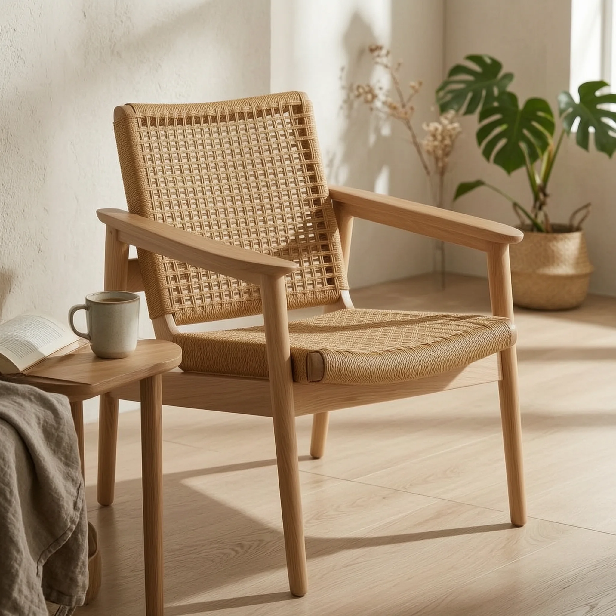 Loungestol i eg med håndflettet rattan — Bo Studio