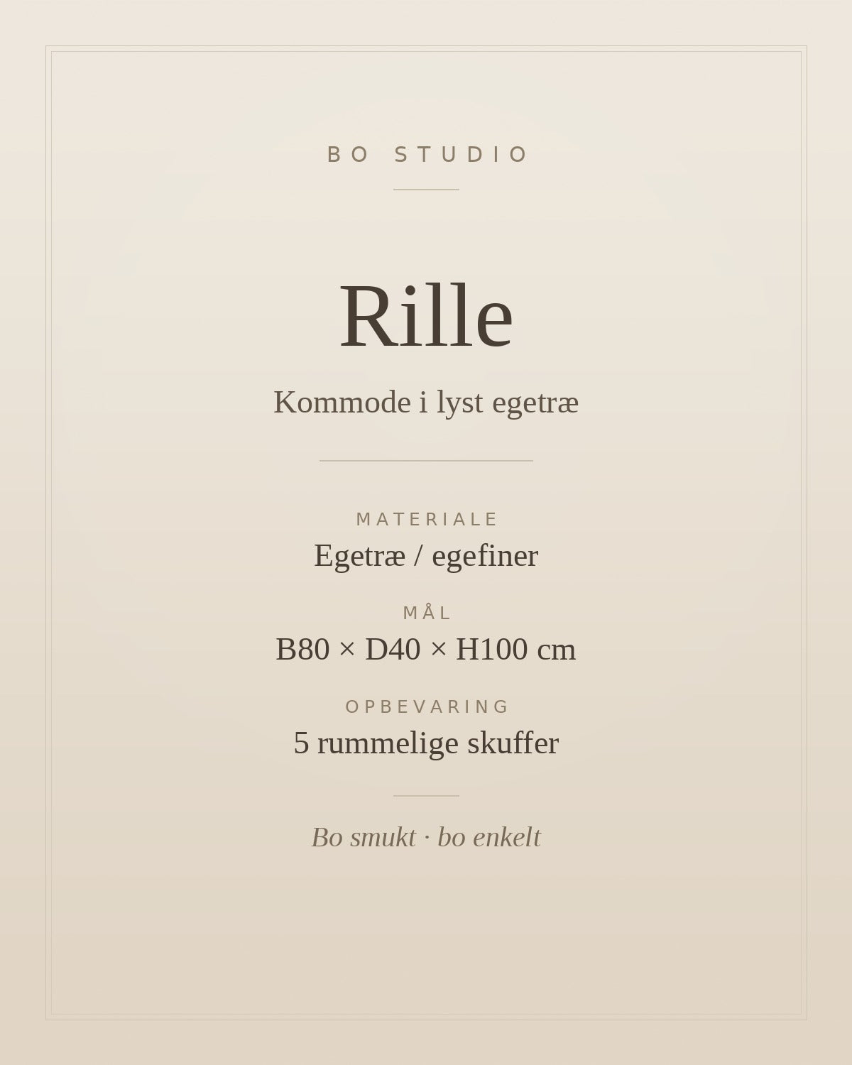 Specifikationer for kommode Rille i lyst egetræ med 5 skuffer, mål B80 x D40 x H100 cm — Bo Studio