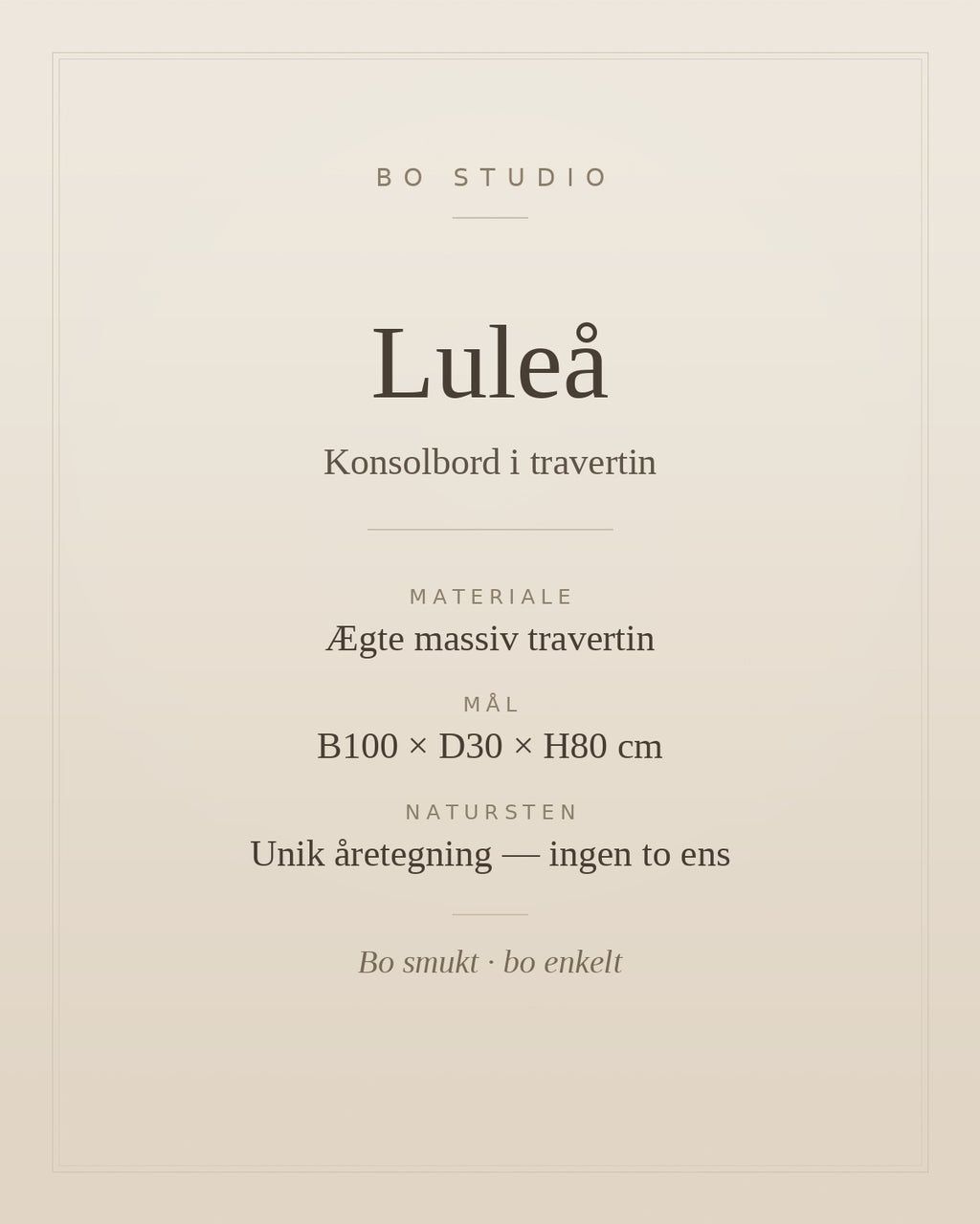 Specifikationer for konsolbord Luleå i ægte travertin, mål B100 x D30 x H80 cm — Bo Studio
