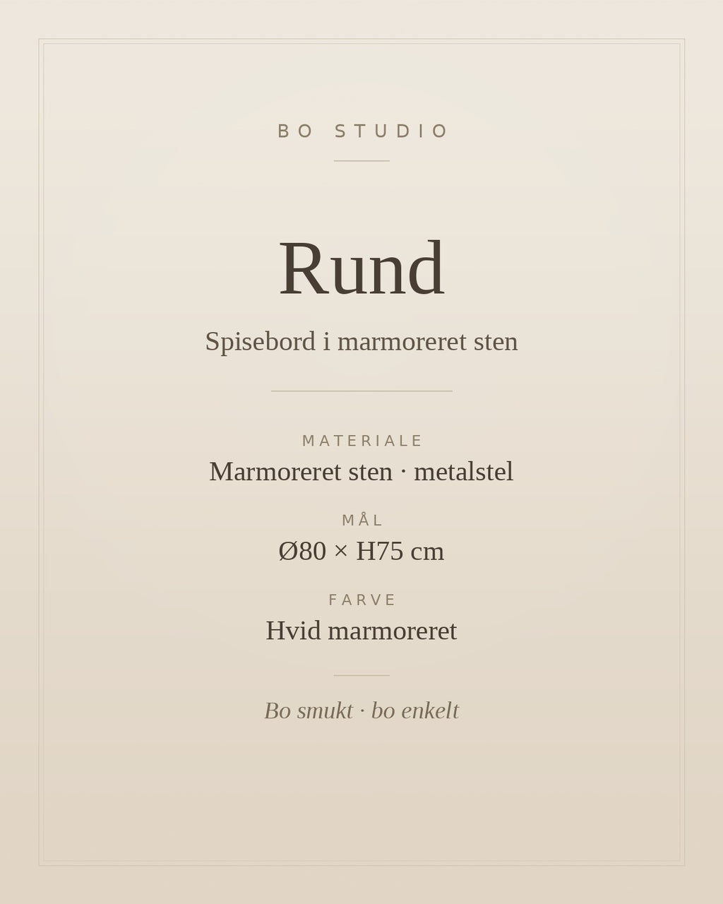 Specifikationer for rundt spisebord i marmoreret sten, mål Ø80 x H75 cm — Bo Studio