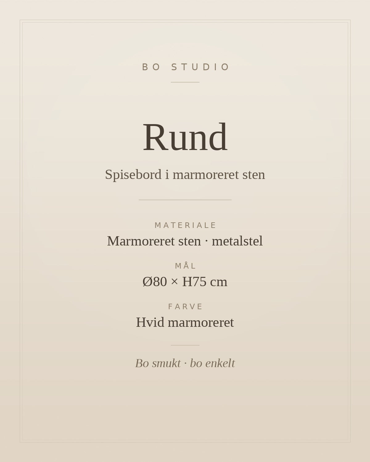 Specifikationer for rundt spisebord i marmoreret sten, mål Ø80 x H75 cm — Bo Studio